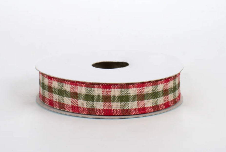 USA 5/8” primitive gingham check, red/moss green and ivory, full roll 10 yards