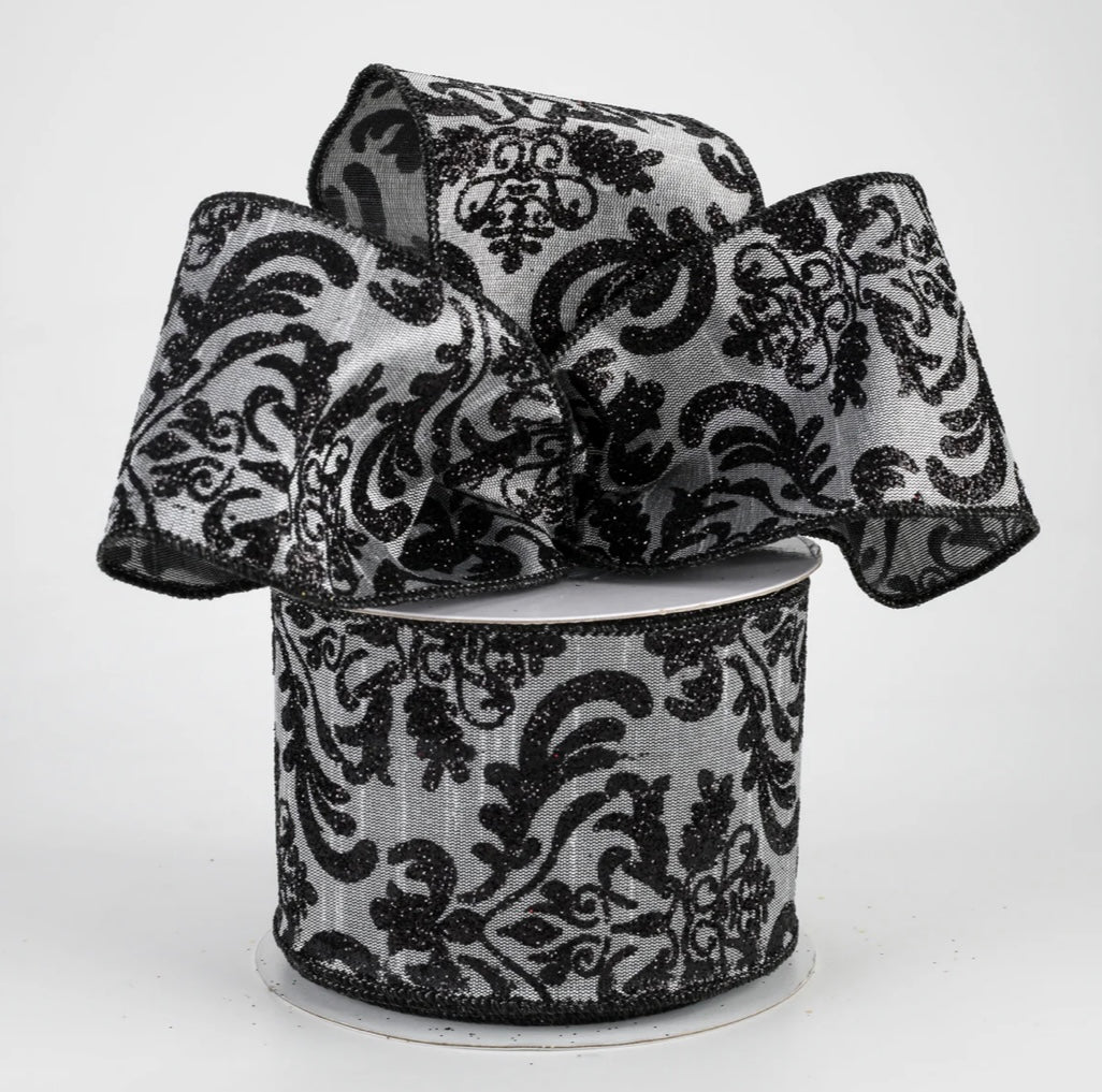 2.5” wired ribbon, bold damask dupioni, gray black full roll 10 yards