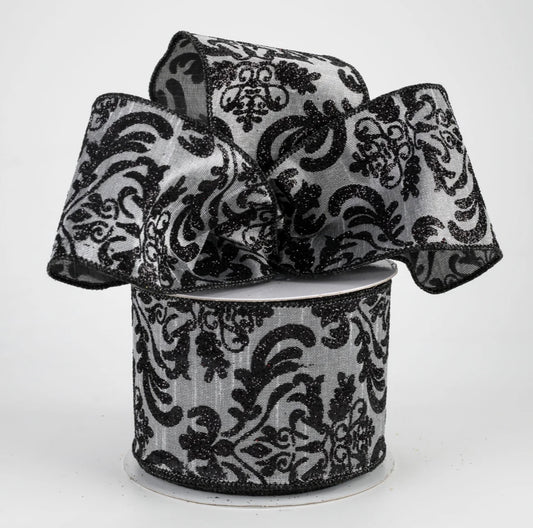 USA 2.5” wired ribbon, bold damask dupioni, gray black full roll 10 yards