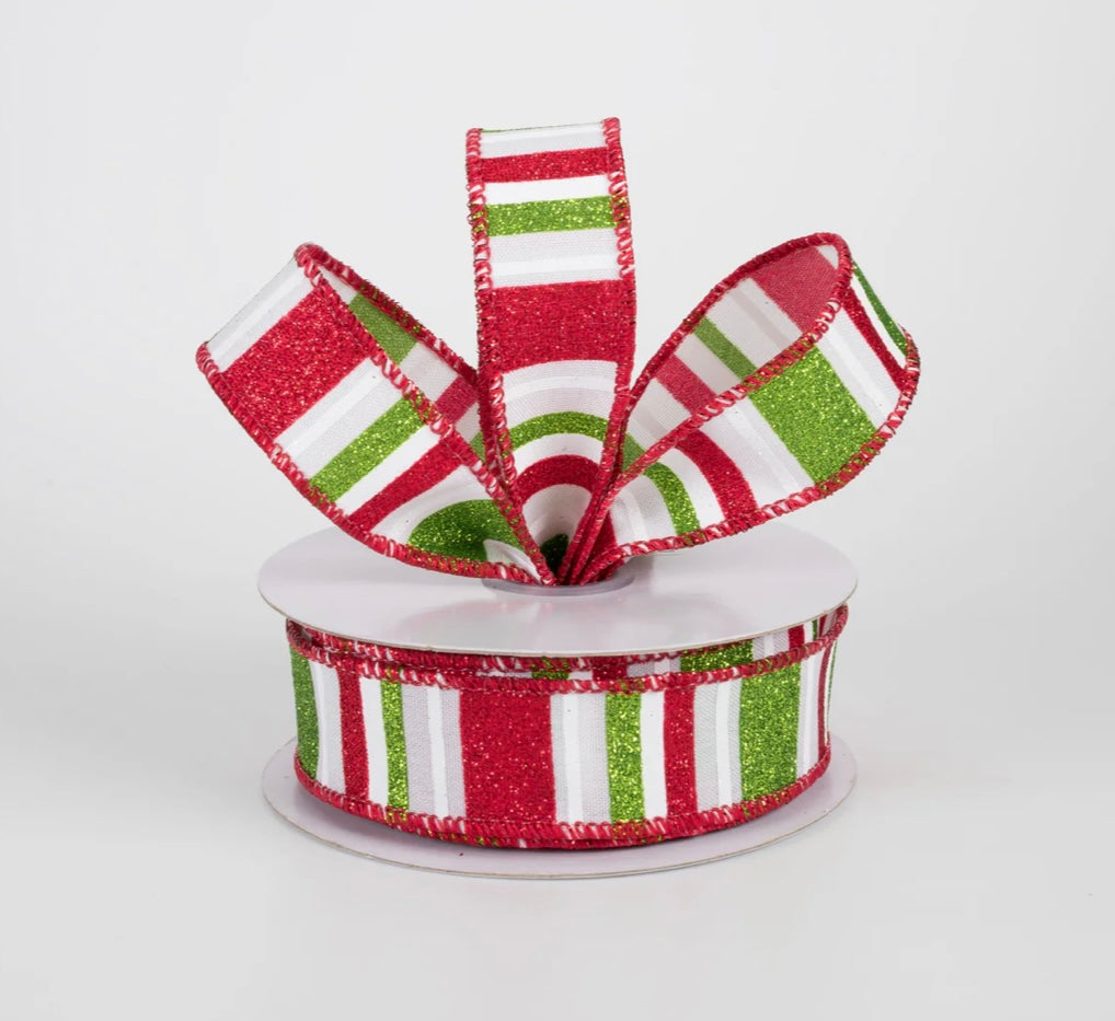USA 7/8” multi glitter stripes, red green white, full roll 10 yards