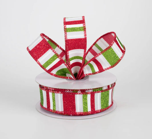 USA 7/8” multi glitter stripes, red green white, full roll 10 yards