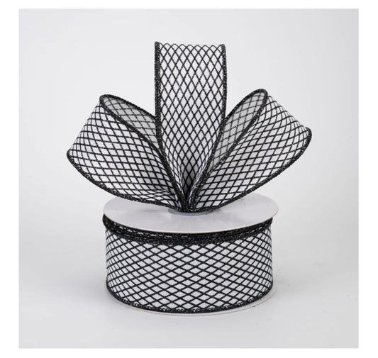 USA 1.5” mini glitter harlequin wired ribbon, full 10yard roll black and white