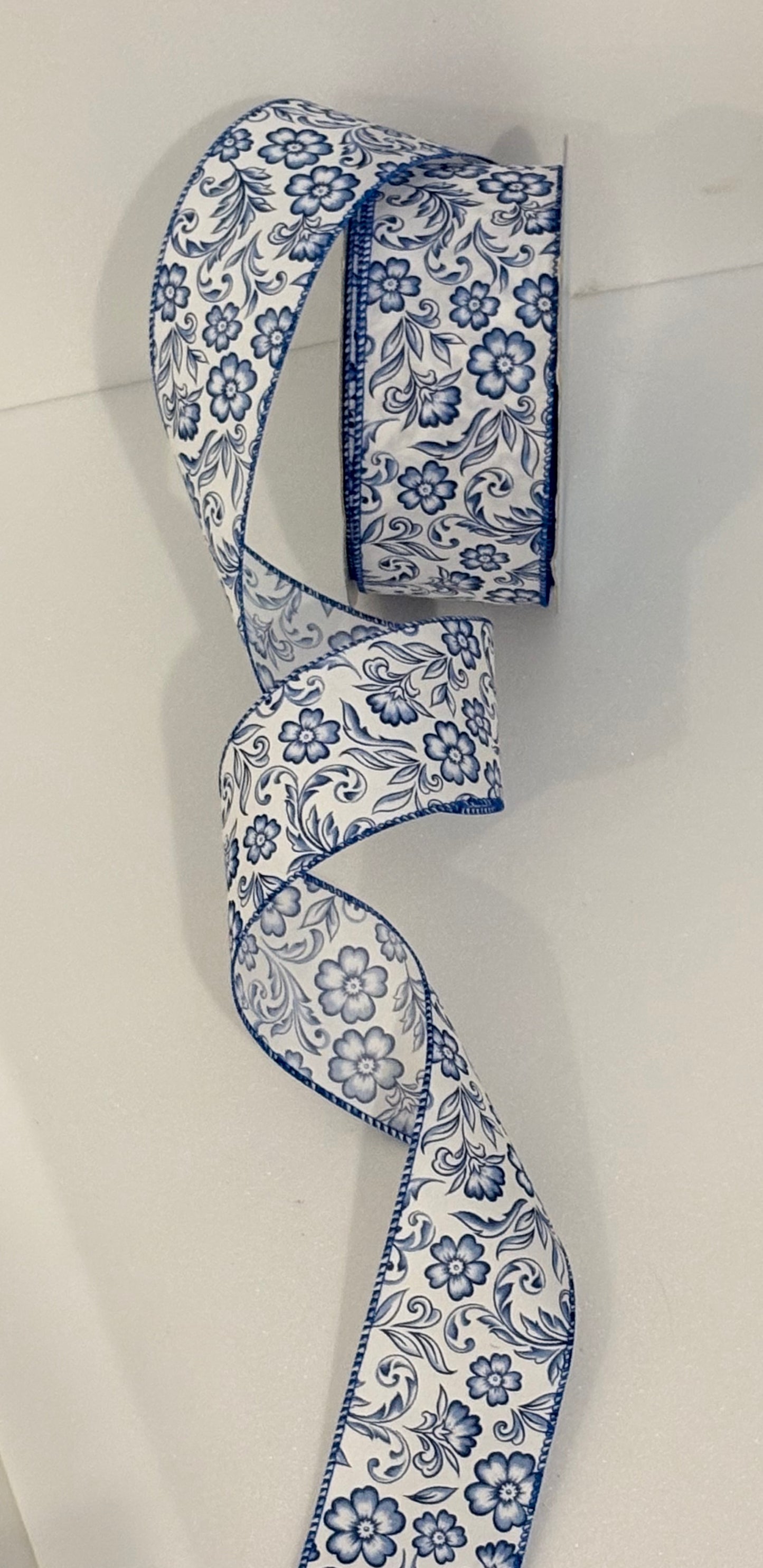 2.5” wired ribbon, blue flower, full roll 10 meters