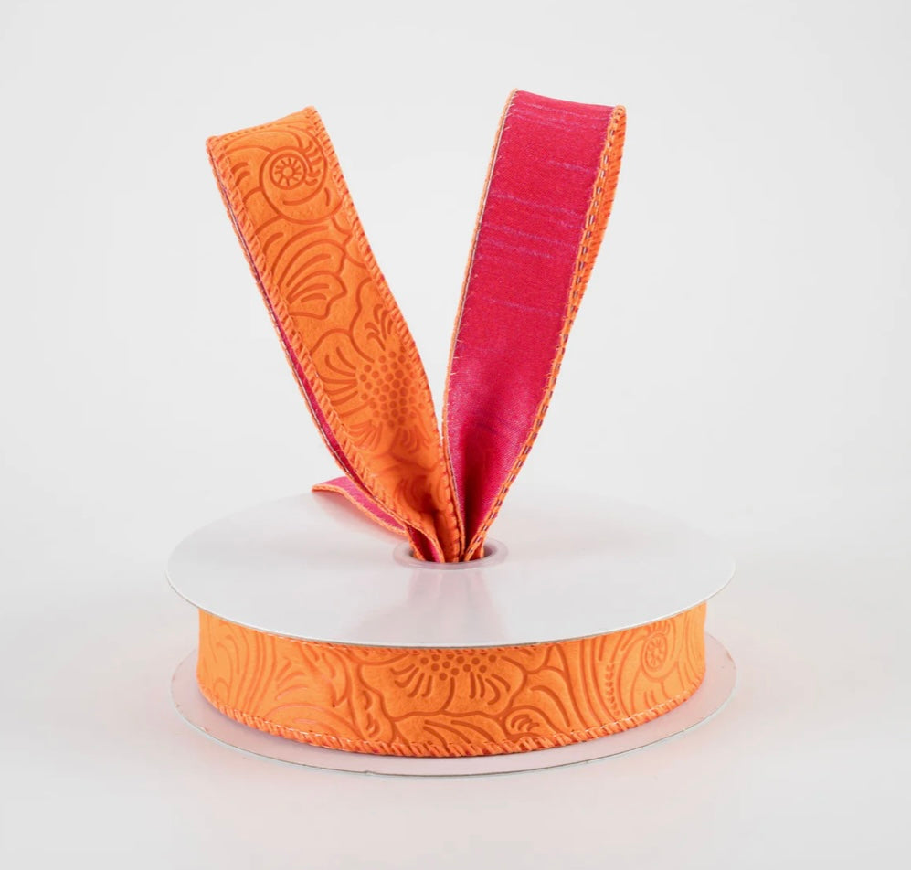 USA 7/8” Double sided flower breeze and dupion wired ribbon, orange/fuchsia full roll 10 yards