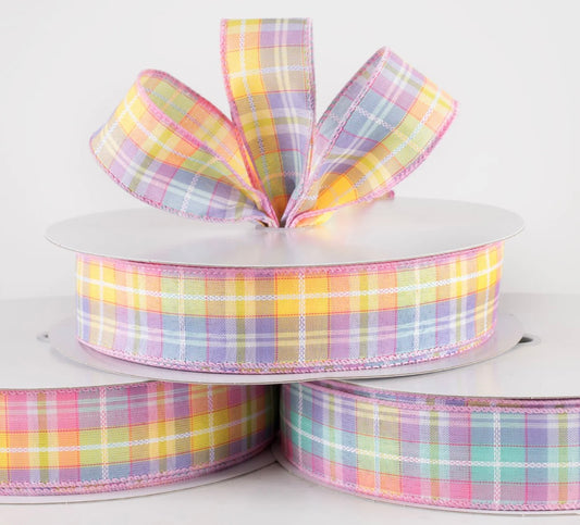 USA 1.5” wired ribbon Kennedy pastel plaid, sold by the meter