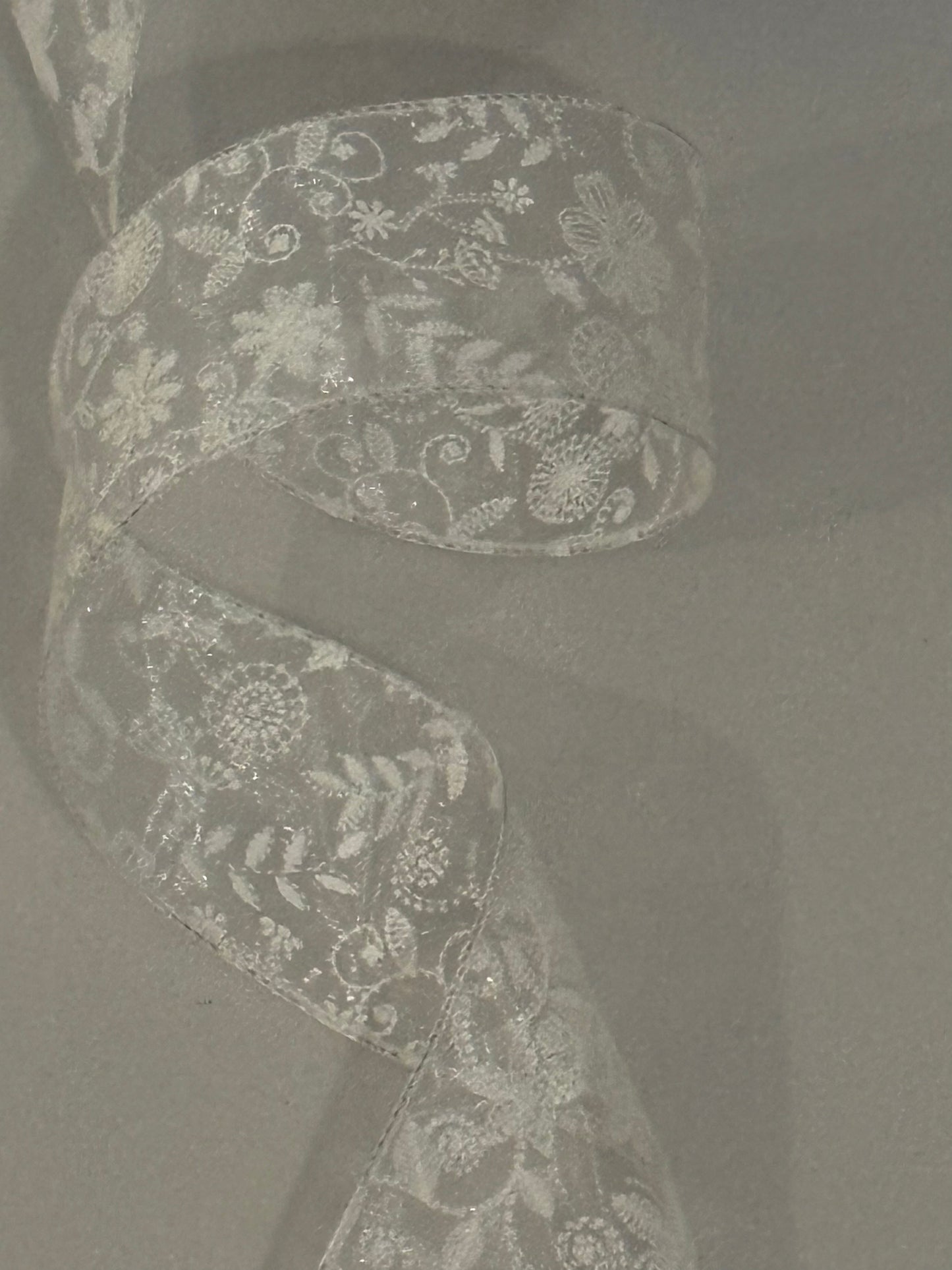2.5” wired ribbon, white glitter chiffon flowers, sold by the meter