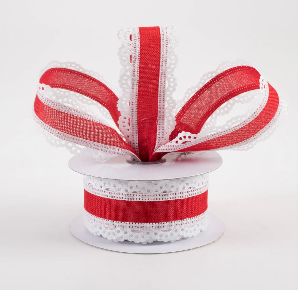 1.5” scalloped edge, wired ribbon red and white, full roll 10 yards
