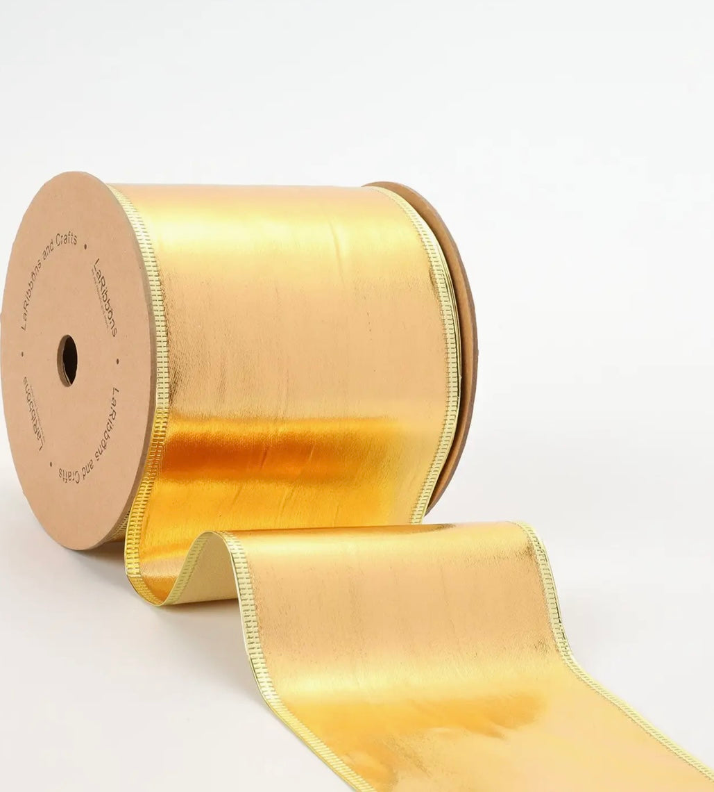 USA 4” designer wired ribbon, lurex gold, full roll 10 yards