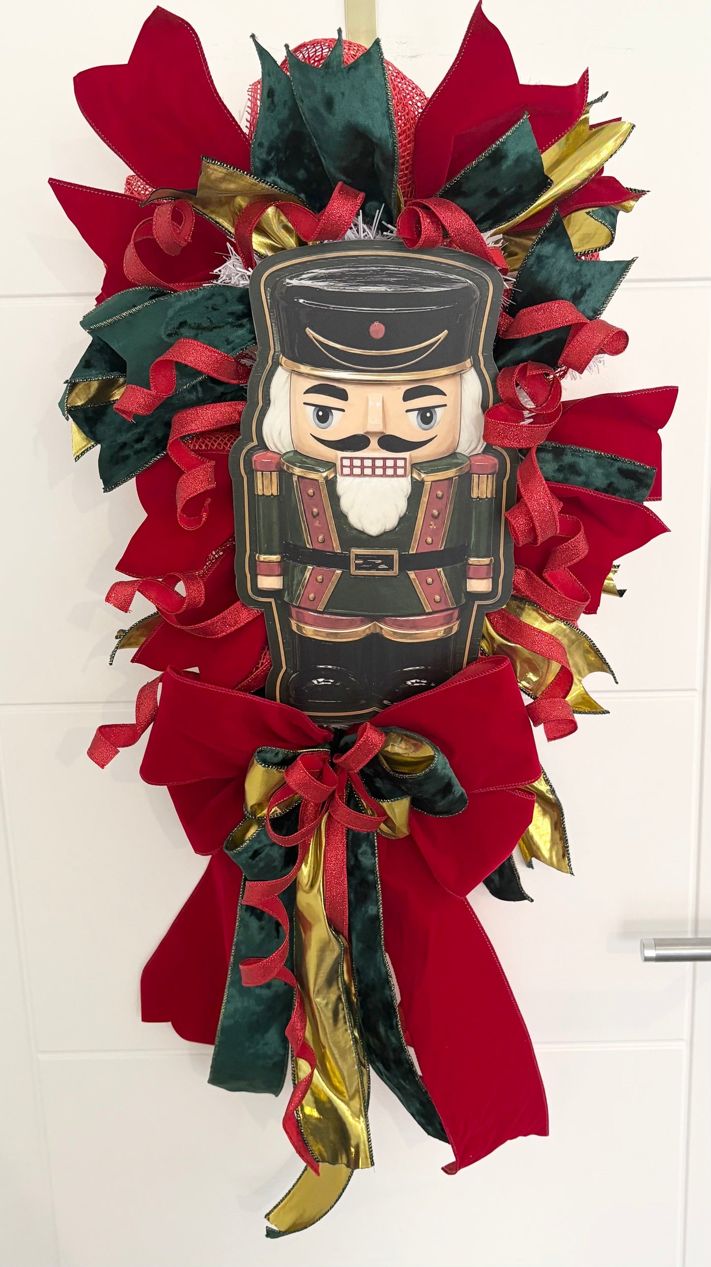 Traditional nutcracker Christmas door decor decoration, red, emerald green and gold