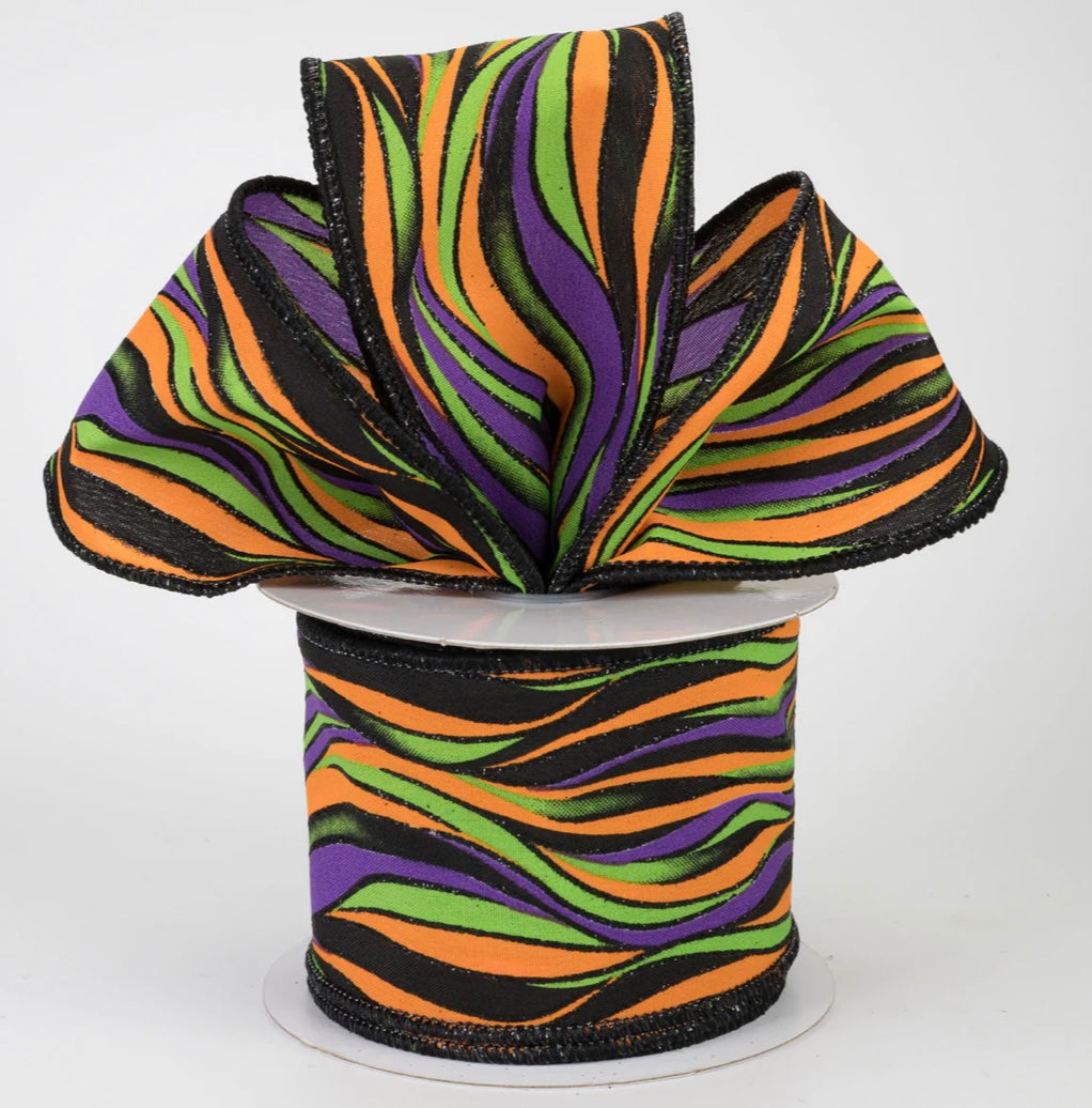 USA 2.5” Halloween glittered wavy stripes, orange, purple, black and green