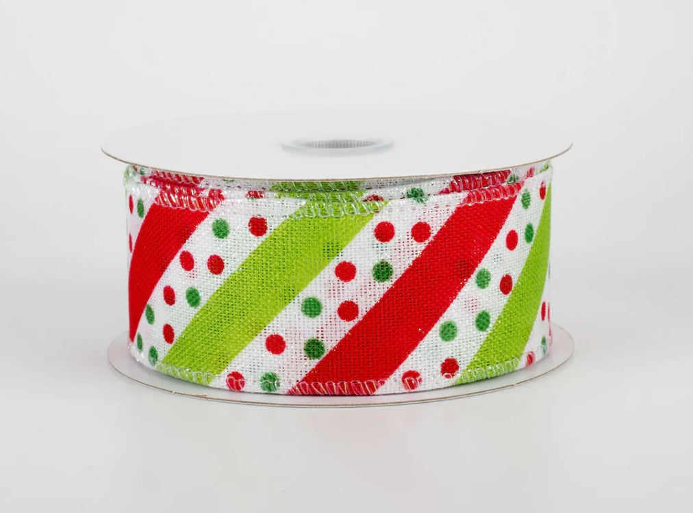 1.5” Dotty stripes, red, white and lime green, full roll 10 yards