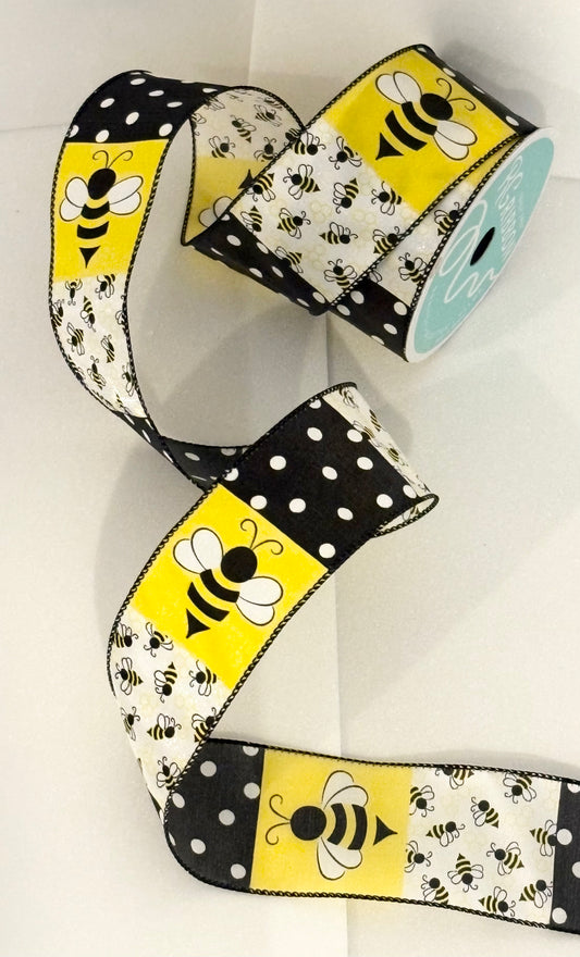 2.5” USA silk wired ribbon, yellow and black bee ribbon