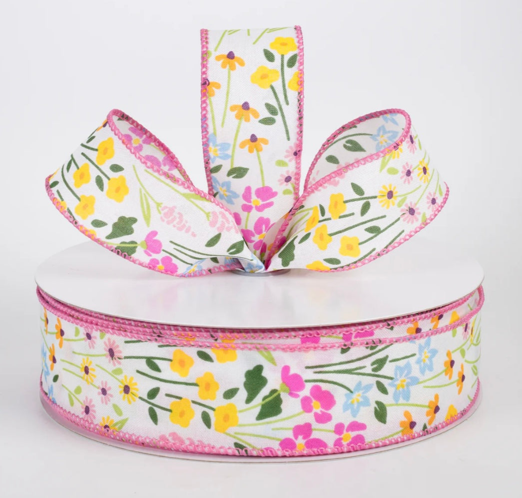 USA 1.5” wired ribbon, wildflower field, sold by the meter