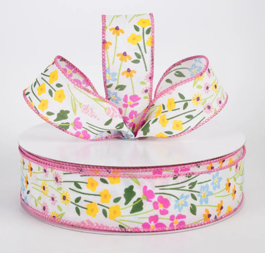 USA 1.5” wired ribbon, wildflower field, sold by the meter