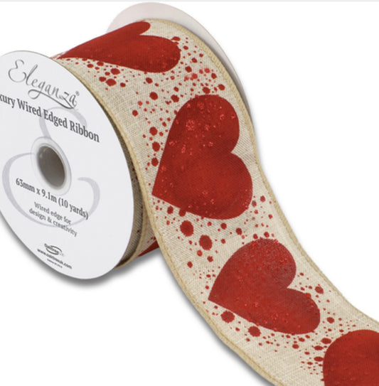 2.5” wired ribbon burlap hearts Alice in wonderland full roll 10 meters