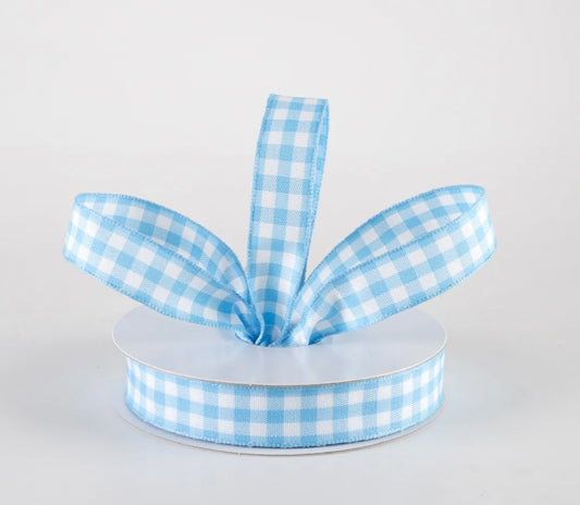 USA 5/8” classic check wired ribbon, baby blue and white, full roll 10 yards