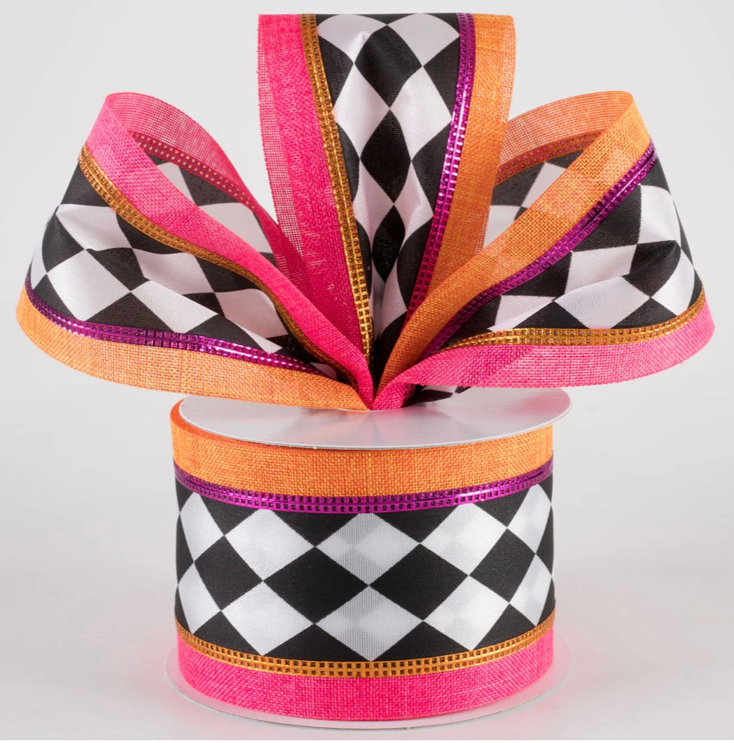 USA 2.5” harlequin pink and orange wired ribbon full roll 10 yards