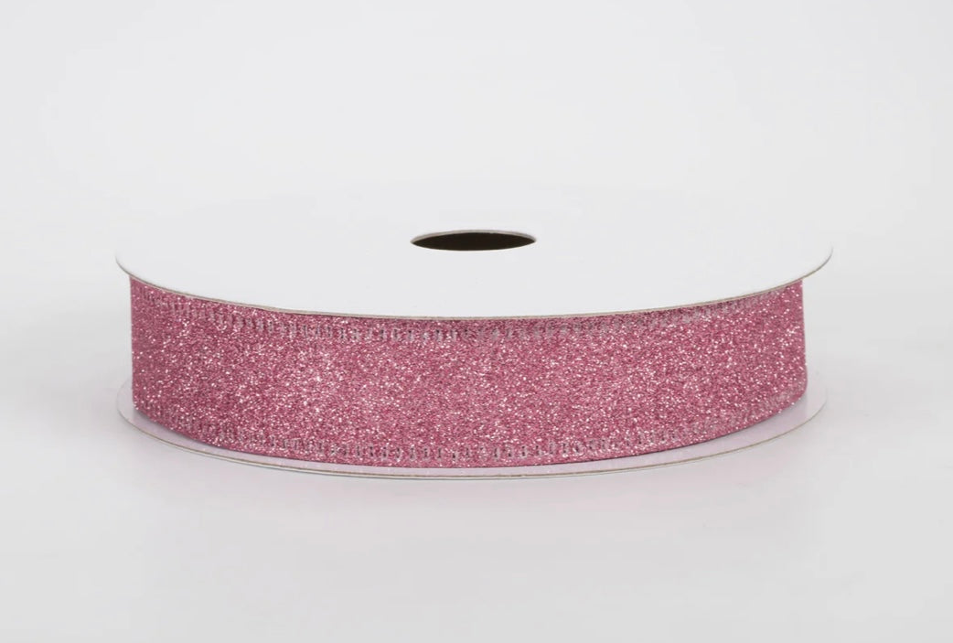 USA 7/8” flat glitter wired ribbon in pink, full roll 10 yards