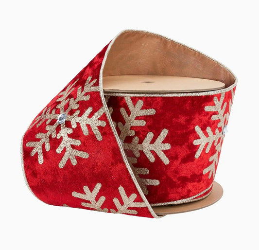 USA designer wired ribbon 4” red velvet snowflake/ jewel full roll 10 yards