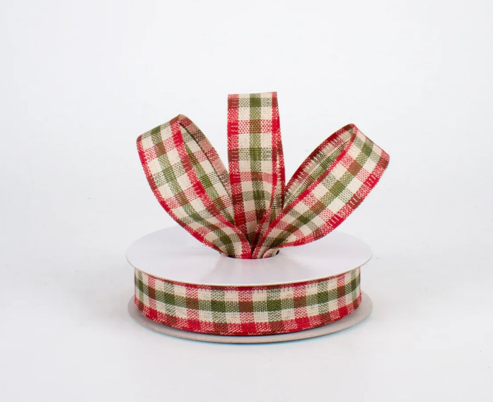 USA 5/8” primitive gingham check, red/moss green and ivory, full roll 10 yards