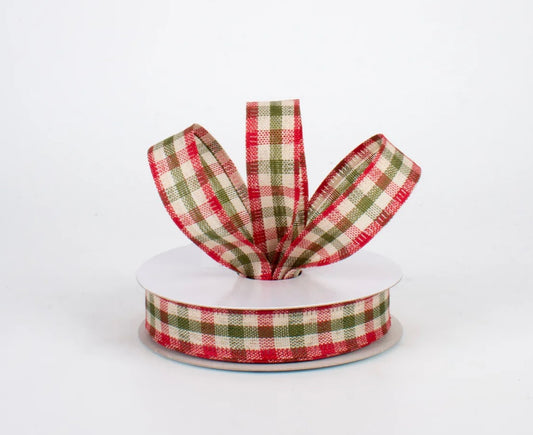 USA 5/8” primitive gingham check, red/moss green and ivory, full roll 10 yards