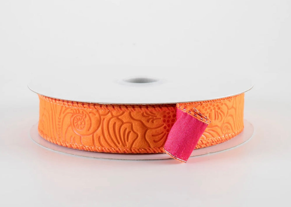 USA 7/8” Double sided flower breeze and dupion wired ribbon, orange/fuchsia full roll 10 yards