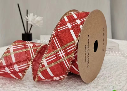 1.5” inch wired ribbon, red with white and gold diagonal design 5 yards