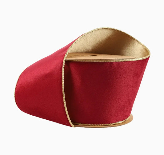 USA 4” designer wired ribbon, reversible classic velvet burgundy/gold full roll 10 yards