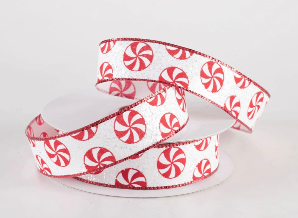 USA 7/8” glitter peppermint no wire ribbon, red/white full roll 10 yards