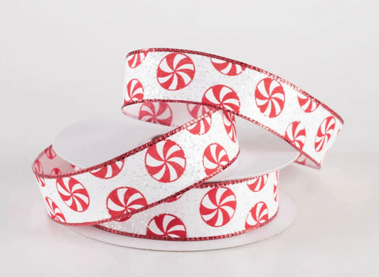 USA 7/8” glitter peppermint no wire ribbon, red/white full roll 10 yards