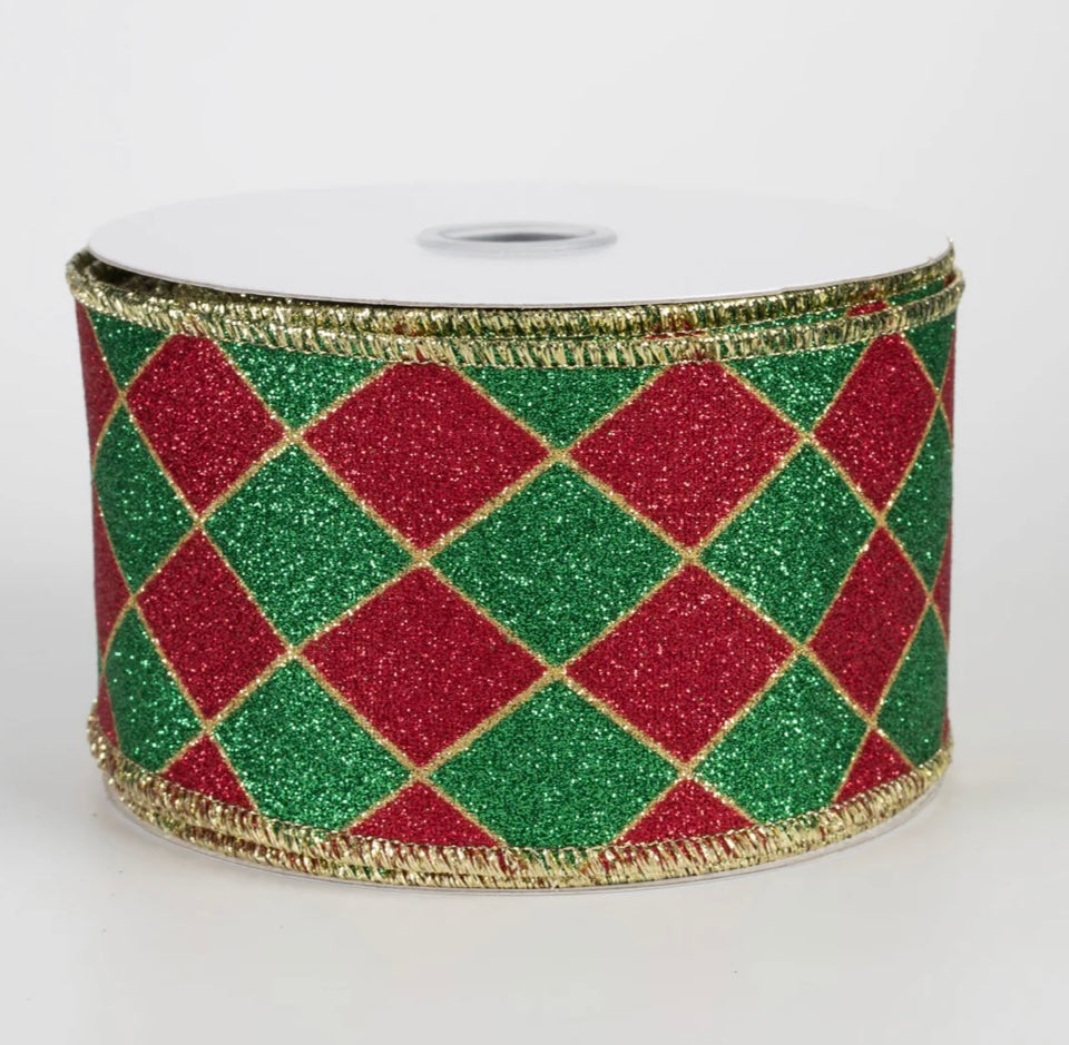USA 2.5” glitter harlequin, traditional red/green full roll 10 yards
