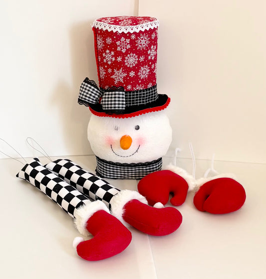 5 piece Snowman wreath attachment, head, mittens and legs, in red, white and black