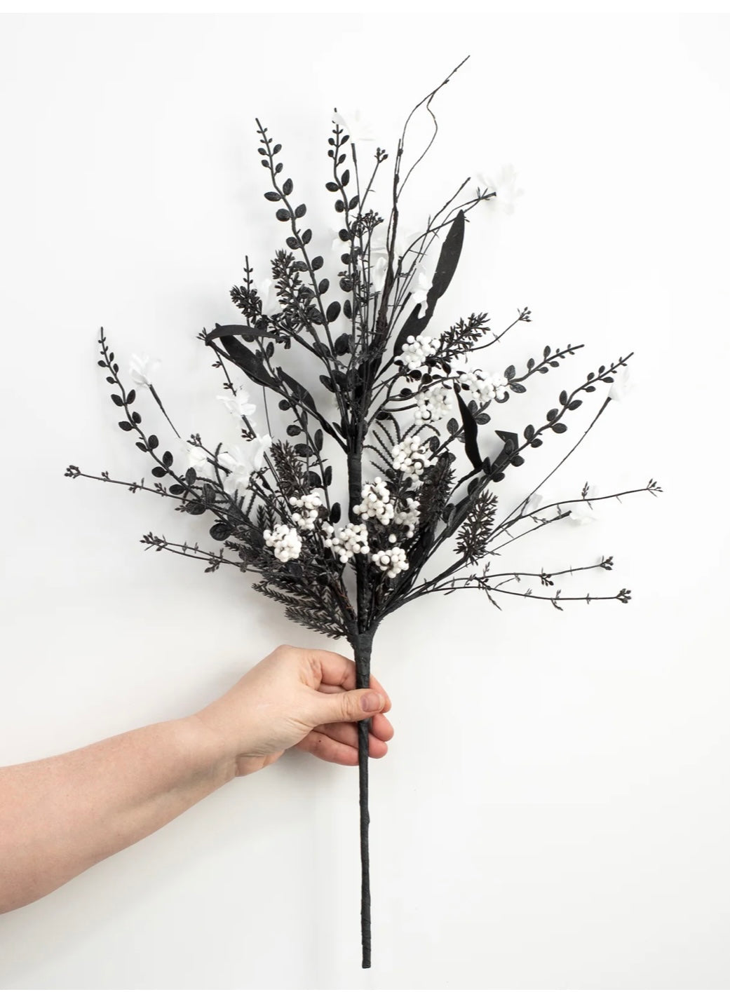 24” fabric flower, leaf, berry bush in black and white