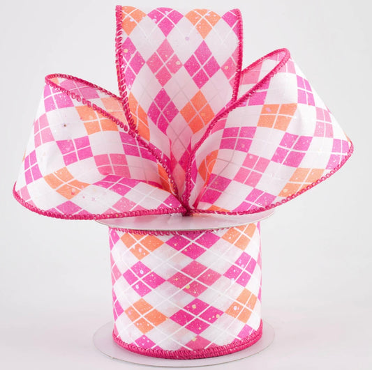 USA 2.5” pink and orange diamonds wired ribbon, full roll 10 yards