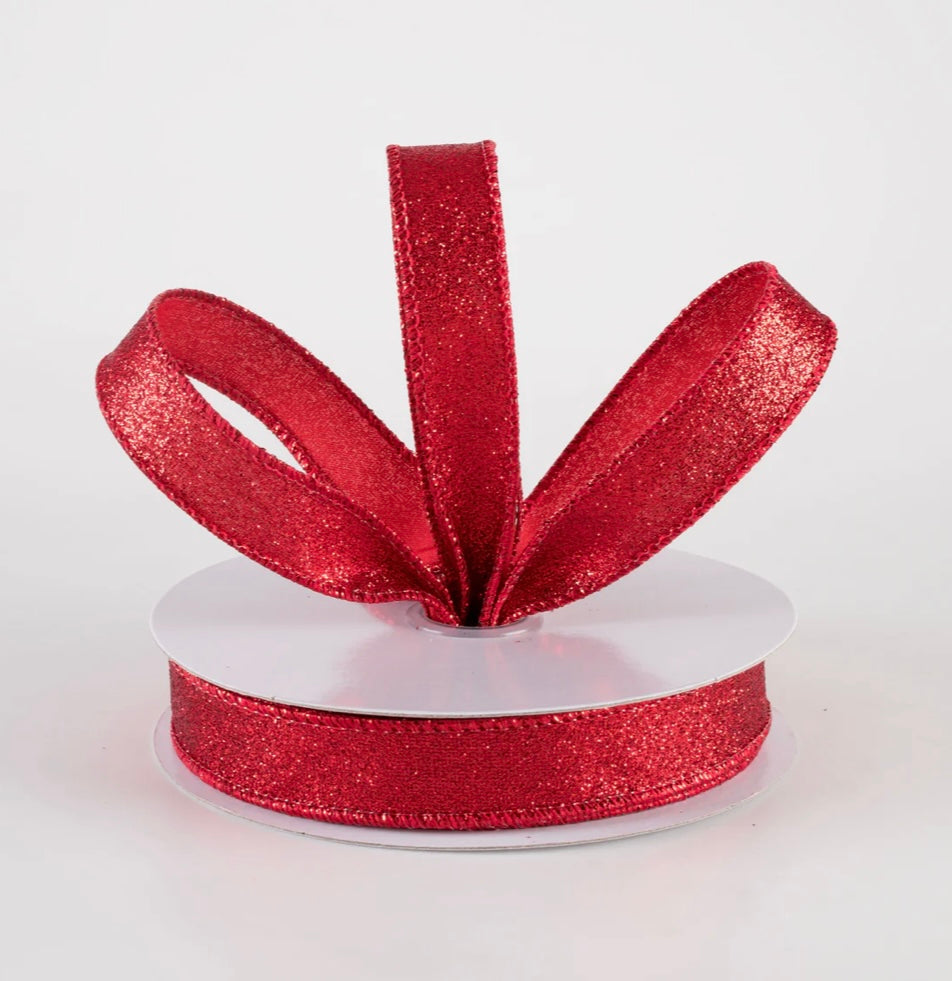 USA 5/8” shimmer glitter wired ribbon red full roll 10 yards