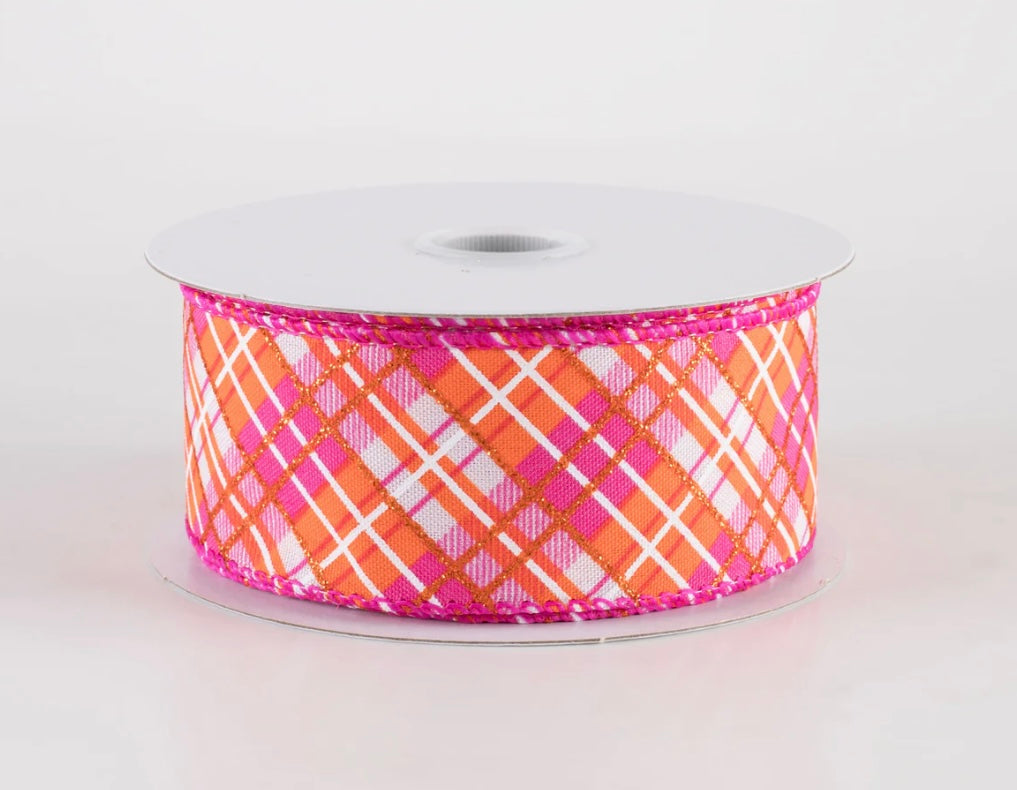 USA 1.5” glitter pink and orange wired ribbon, full roll 10 yards