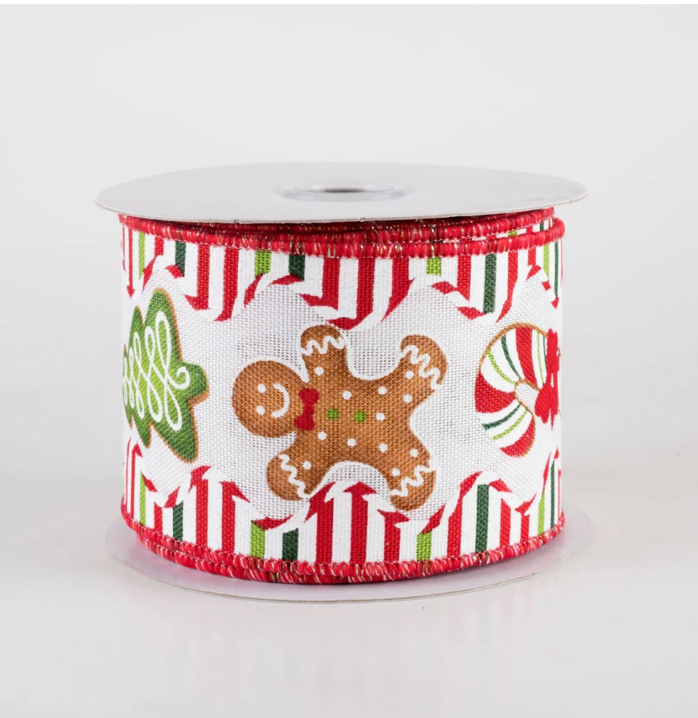 2.5” gingerbread Christmas cookies strips red & green wired ribbon, full roll 10 yards