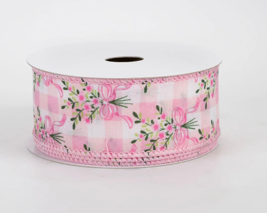 USA1.5” wired ribbon, white and pink check with flowers, full roll 10 yards