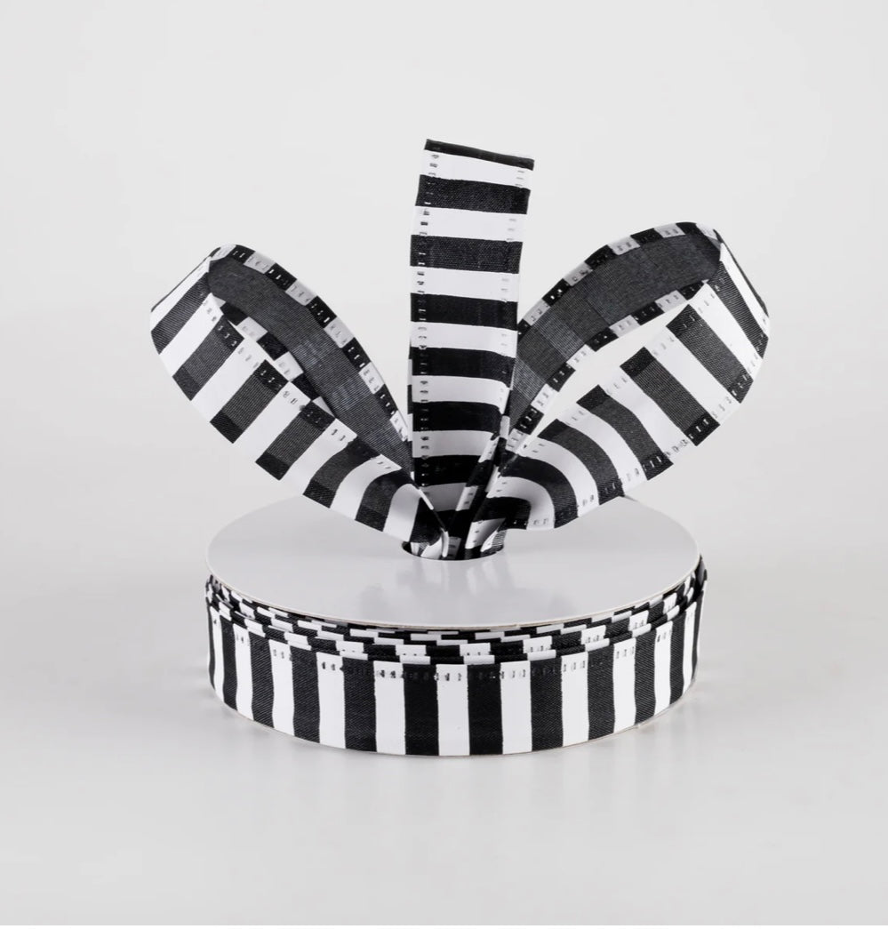 USA wired ribbon 7/8” striped black and white full roll 10 yards