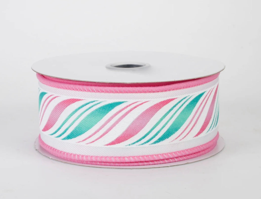 1.5” peppermint candy cane in pastel pink and mint, full roll 10 yards