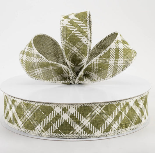 USA 1.5” wired ribbon, linen Hazel Diagonal plaid, moss green, sold by the meter