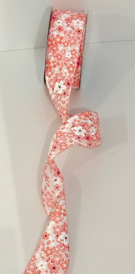 2.5” wired ribbon, peach and white flowers, sold by the meter