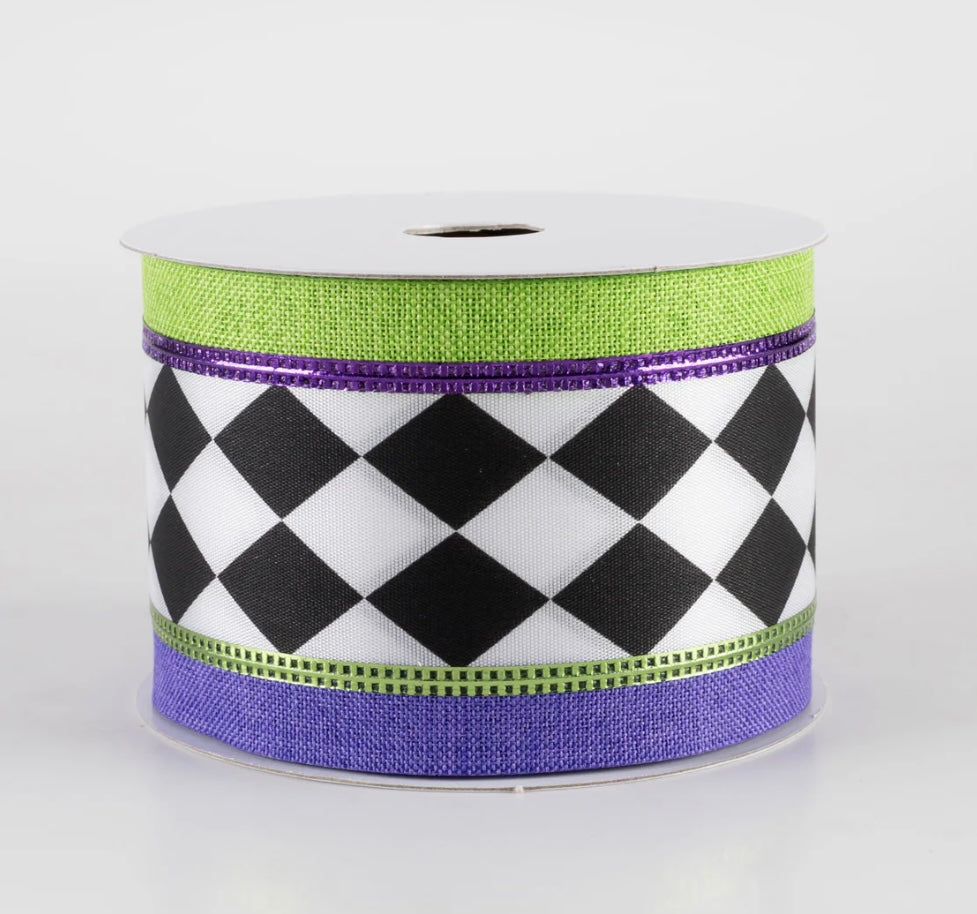 USA 2.5” harlequin purple and green wired ribbon full roll 10 yards