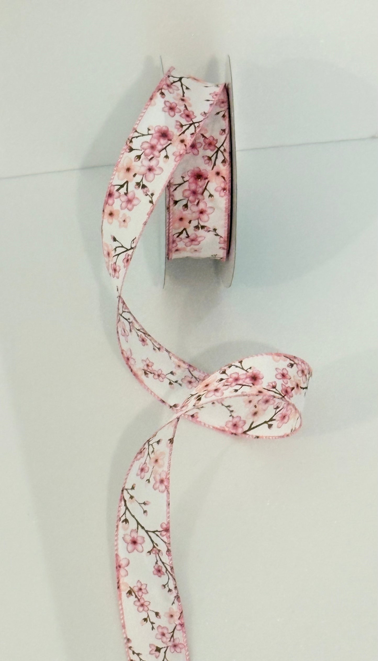 1.5” wired ribbon, pink cherry blossom design, sold by the meter