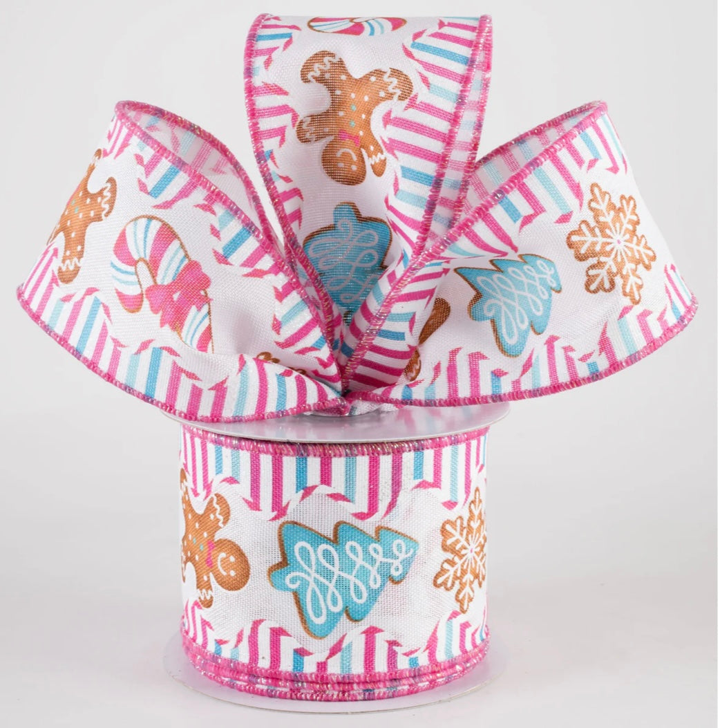 2.5” gingerbread Christmas strips pink, full roll 10 yards