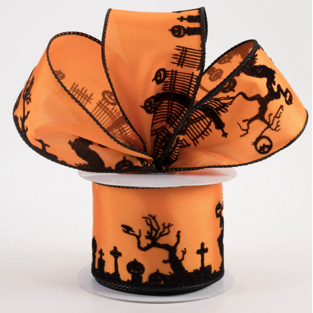 USA 2.5” satin flocked Halloween scene orange, wired ribbon full roll 10 yards