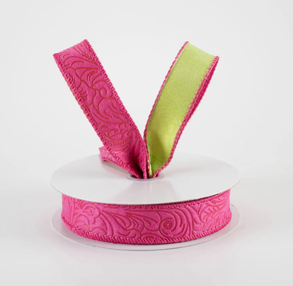 USA 7/8” double sided flower breeze and dupion, fuchsia pink and lime green, full roll 10 yards