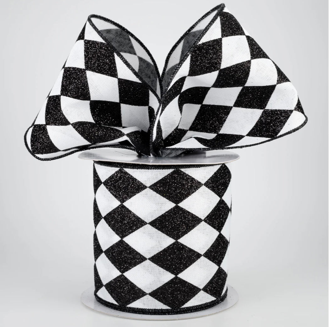 USA 4” harlequin glitter, black and white, full roll 10 yards