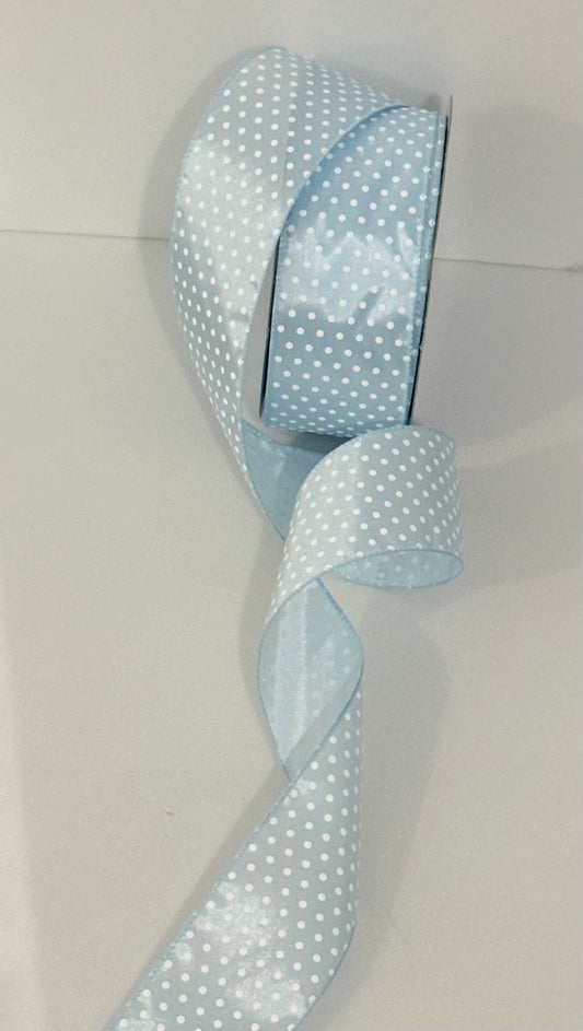 2.5” wired ribbon, baby blue with white dots, satin, sold by the meter