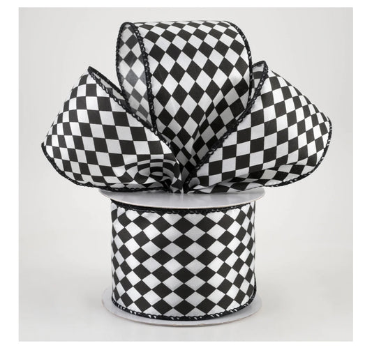 USA 2.5” mini harlequin satin wired ribbon full roll 10 yards black and white